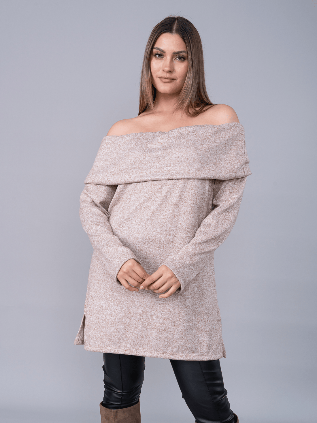 Chompa Off Shoulder Beige Jaspeado - Chompa de La Matier