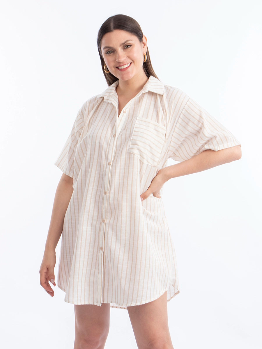 Vestido Camisero de Lino Rayas Beige