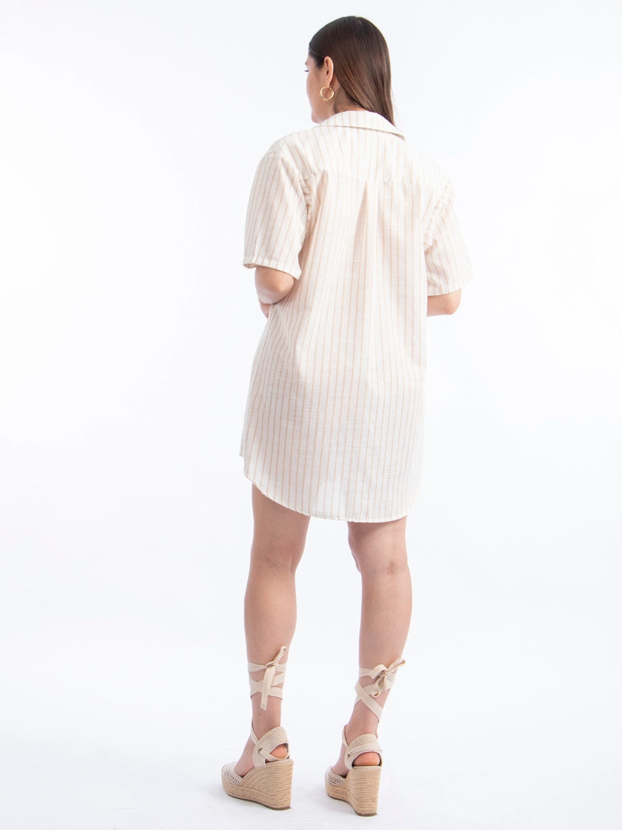 Vestido Camisero de Lino Rayas Beige