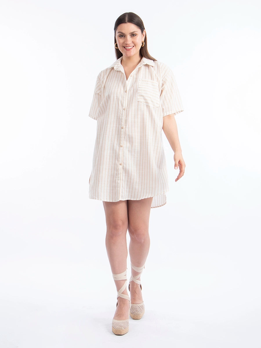 Vestido Camisero de Lino Rayas Beige