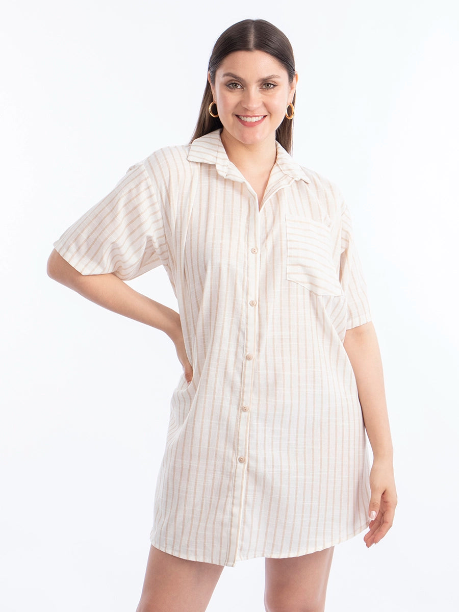 Vestido Camisero de Lino Rayas Beige