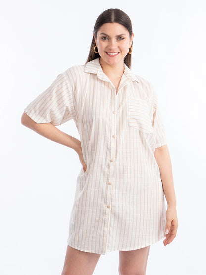 Vestido Camisero de Lino Rayas Beige