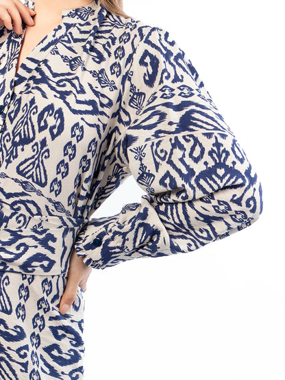 Vestido Marina Crema Estampado Azul