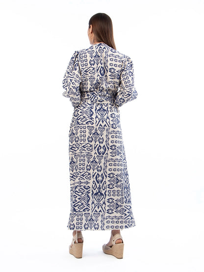 Vestido Marina Crema Estampado Azul