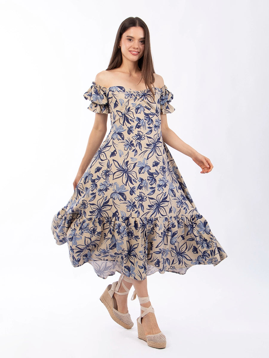 Vestido Aurora Estampado Flores Azules