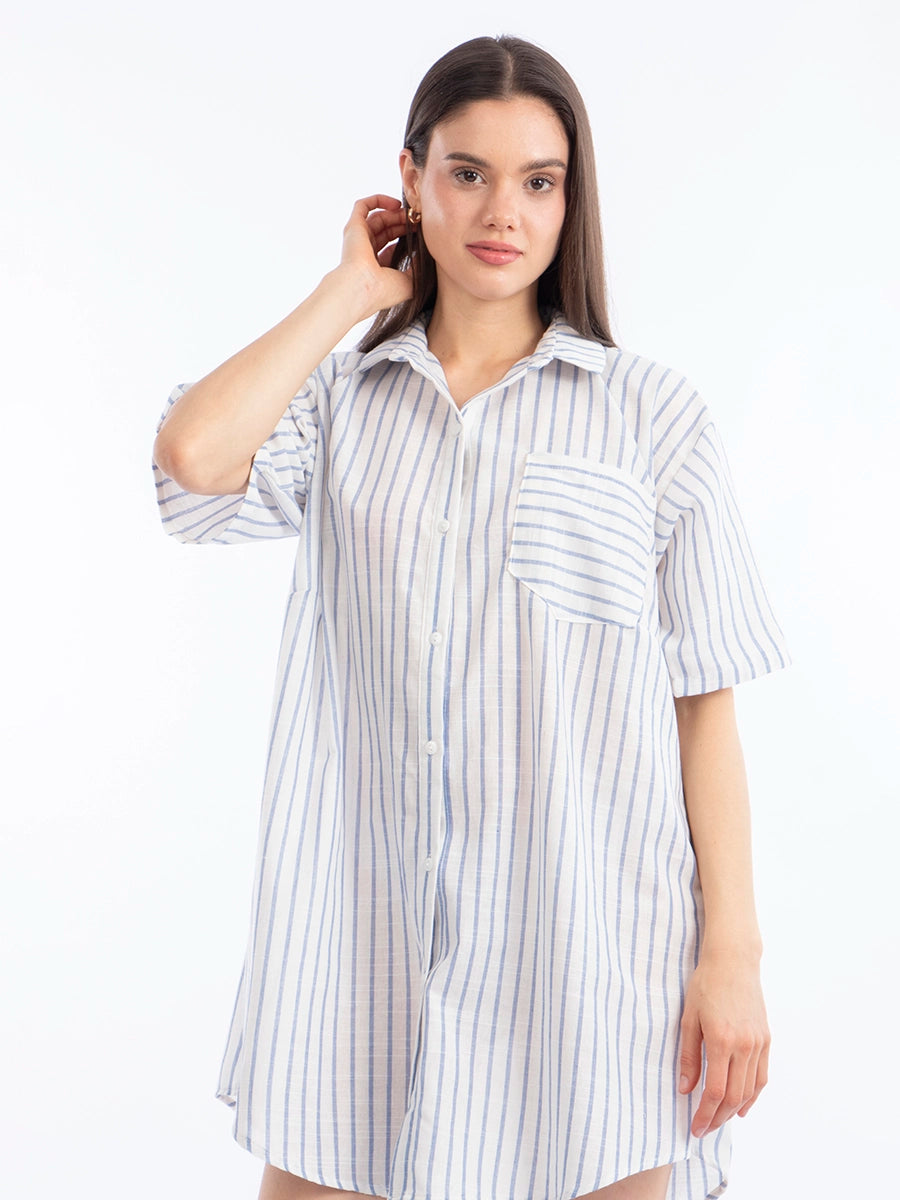 Vestido Camisero de Lino Rayas Celeste