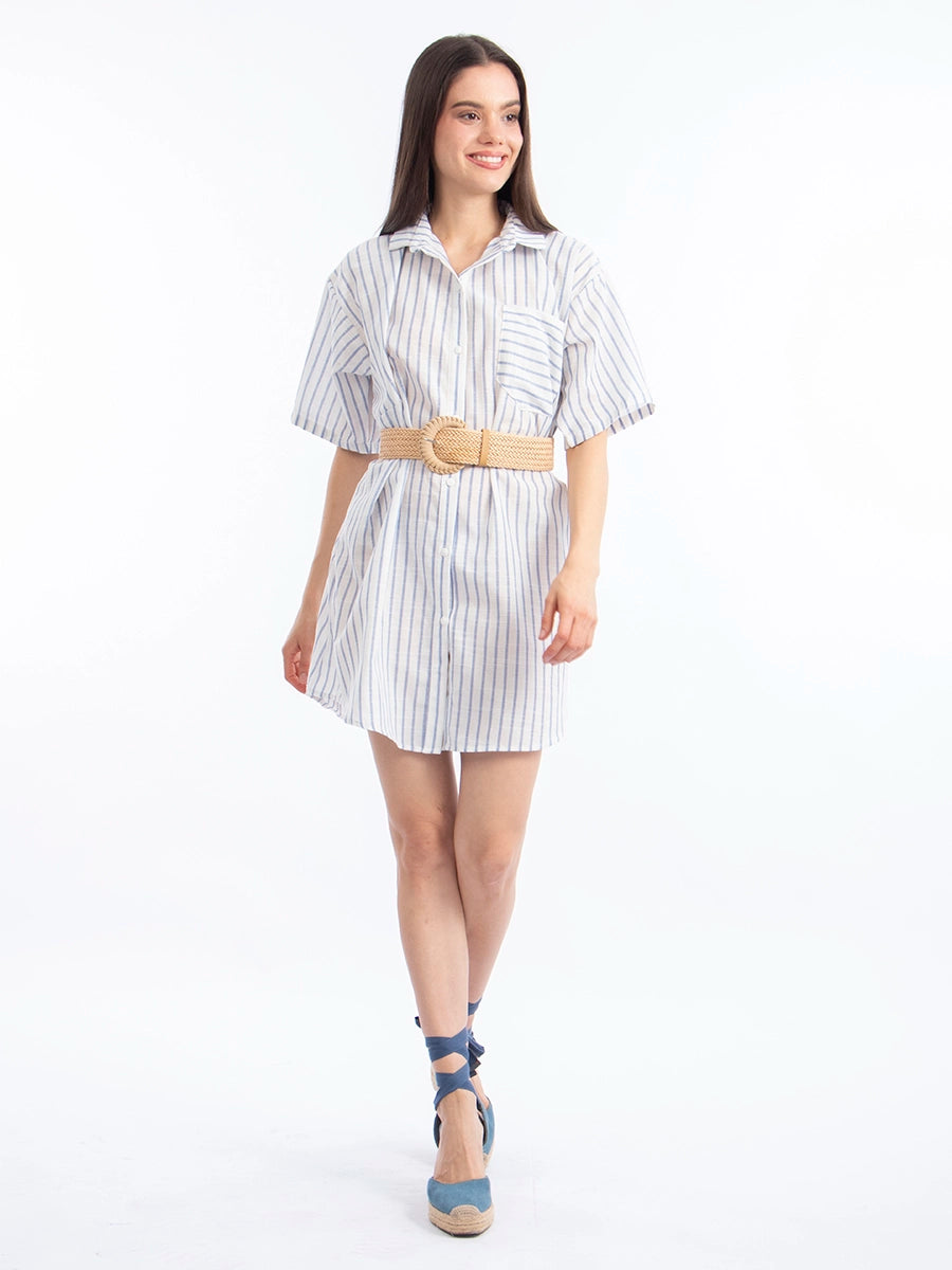 Vestido Camisero de Lino Rayas Celeste